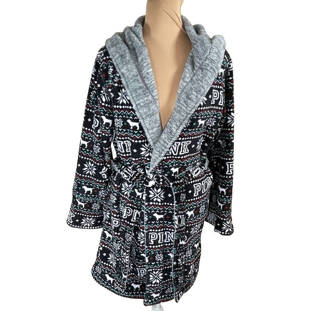 Victoria Secret PINK Reversible Fleece Hooded Belted Robe Black White Size XS